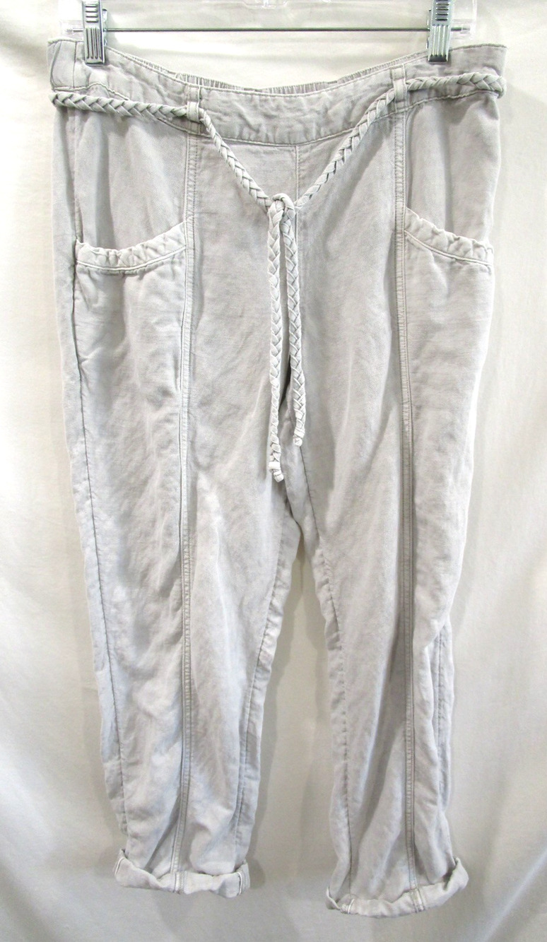 C&C California Gray Beige Linen Blend Braided Belt Tapered Leg Pants Women M
